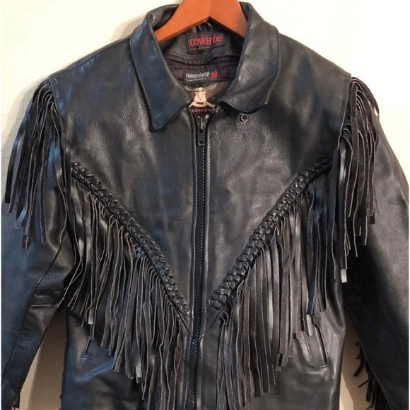 Vtg VANGUARD LEATHER OF AMERICA Cowhide Fringe Leather Biker Jacket - Picture 1 of 8